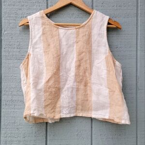 Laude the Label 100% Linen Striped Cropped Open Back Top sz XL Ivory Oatmeal